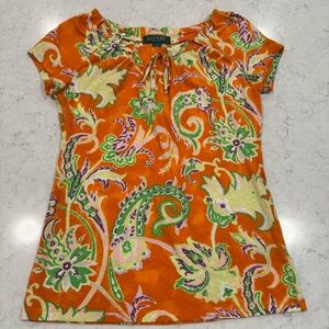 Lauren Ralph Lauren Floral Paisley Shirt Blouse 100% Cotton Tie Neck Pink Purple